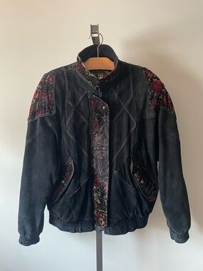 Vintage 80s G-III Suede Leather Bomber Jacket Floral Velvet Boho Grunge Fairy